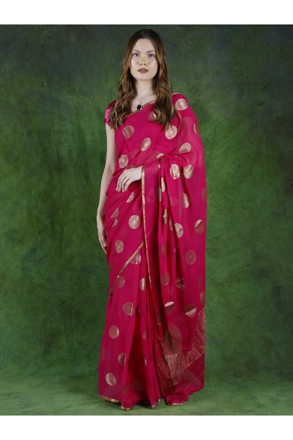 Pink-Peacock Georgette Saree from Bangalore with Zari Weave Chakra