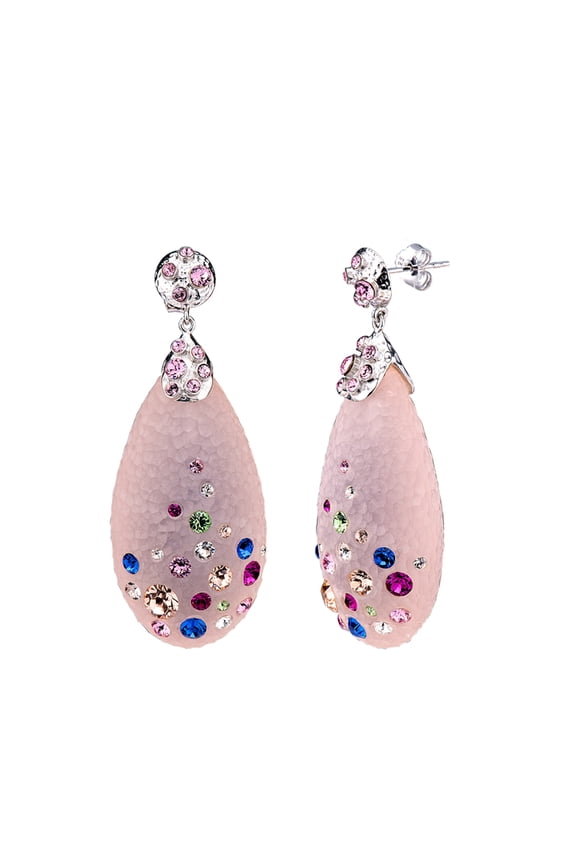 Pink Pear Shaped Dangle Earrings with Colorful Confetti Crystals