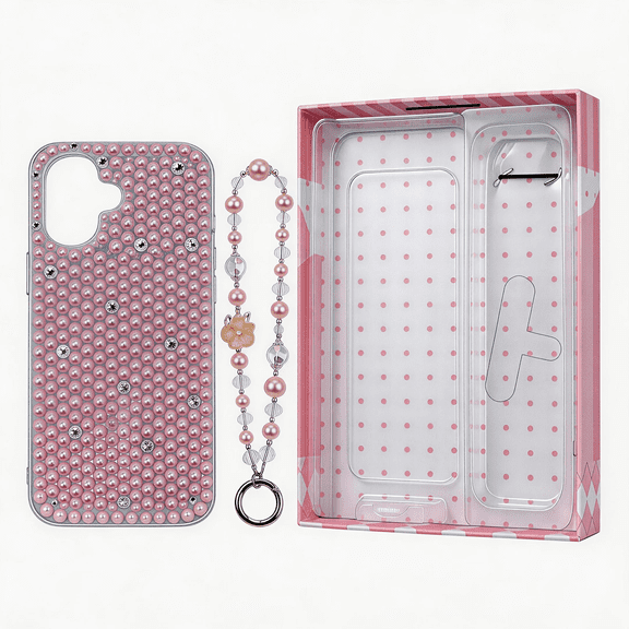Pink Pearl Phone Case with Wrist Strap, Bling Rhinestone 3D Pearl Cover for iPhone 16, Cute Luxury Handmade Case with Beaded Chain Lanyard, Gift Box Packaging