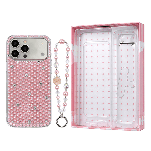 Pink Pearl Phone Case with Wrist Strap, Bling Rhinestone 3D Pearl Cover for iPhone 17Promax, Cute Luxury Handmade Case with Beaded Chain Lanyard, Gift Box Packaging