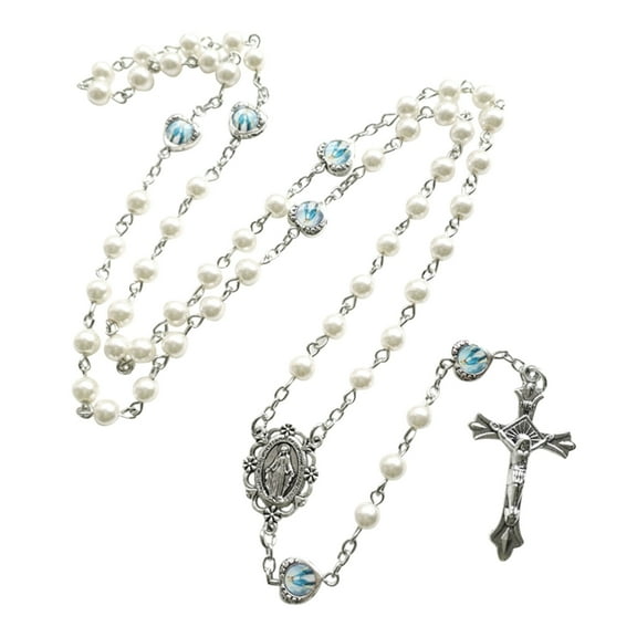 ✪ Pink Pearl-Rosary Beads Catholic Necklace Holy Medal-Cross-Christian Long Chain Necklace for Women and Men Jewelry