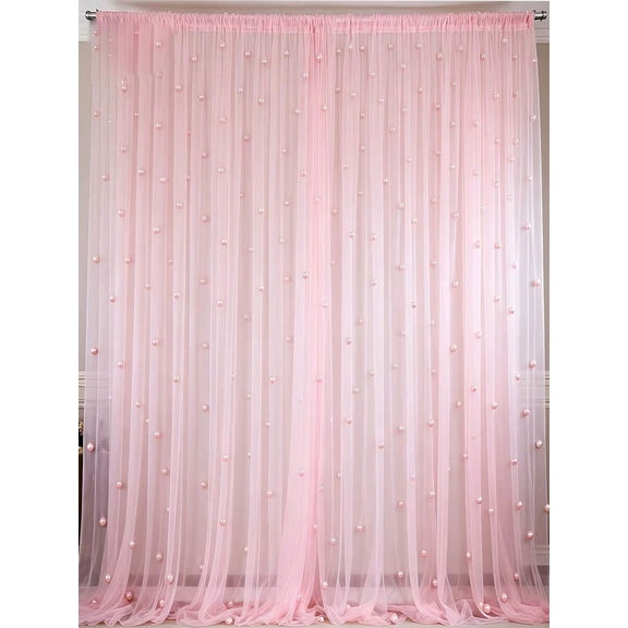 Pink Pearl Sheer Tulle Backdrop Curtain With Embedded Pearls, 1pc Wedding Party Decor