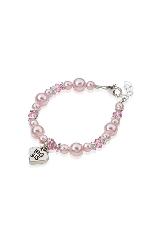 Pink Pearls and Crystals with Sterling Silver Daisy Spacers and Little Sister | Big Sister Charm Bracelet (BLSP) (BBSM)