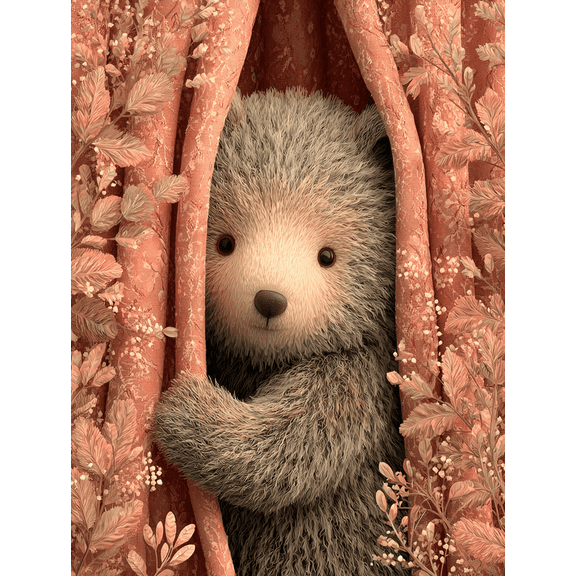 Pink Peekaboo Bear Canvas Print, Woodland Girl Bedroom Decor, Soft Pastel Cute Animal Wall Art