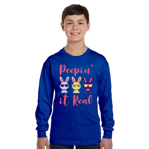 Pink Peepin` It Real Long Sleeve Shirts for Kids - Youth XS S M L XL - Happy Easter Holiday Christian Tee for Boys for Girls