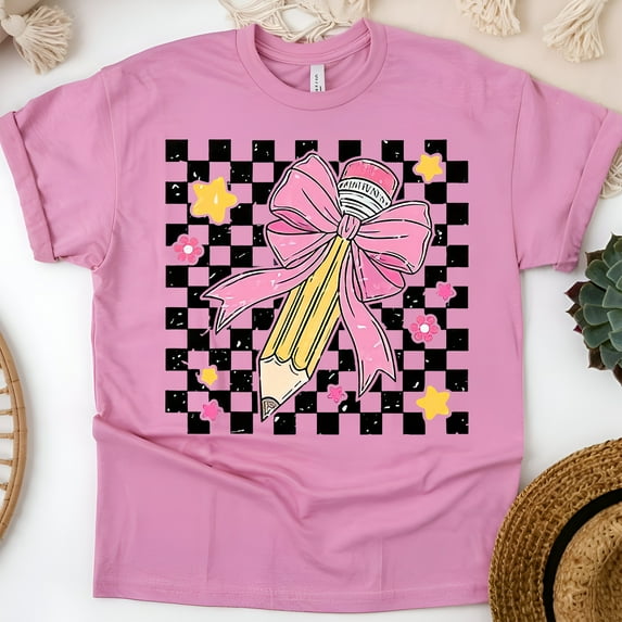 Cute Pink Pencil Graphic Tee – Retro Checkered Teacher Shirt, Azalea, Size M