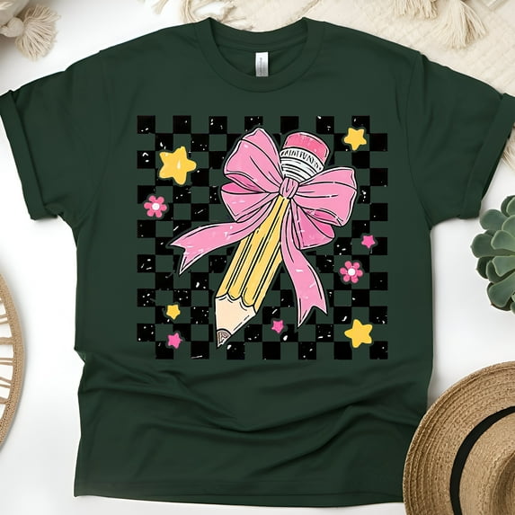 Cute Pink Pencil Graphic Tee – Retro Checkered Teacher Shirt, Forest Green, Size 5XL