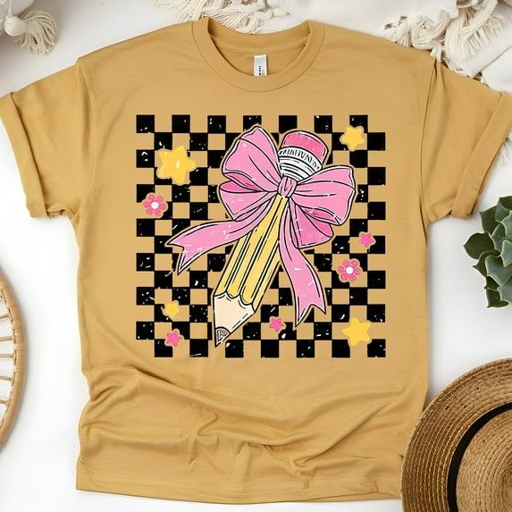 Cute Pink Pencil Graphic Tee – Retro Checkered Teacher Shirt, Gold, Size L