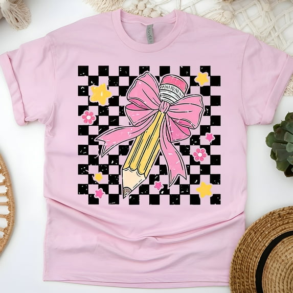 Cute Pink Pencil Graphic Tee – Retro Checkered Teacher Shirt, Light Pink, Size 2XL