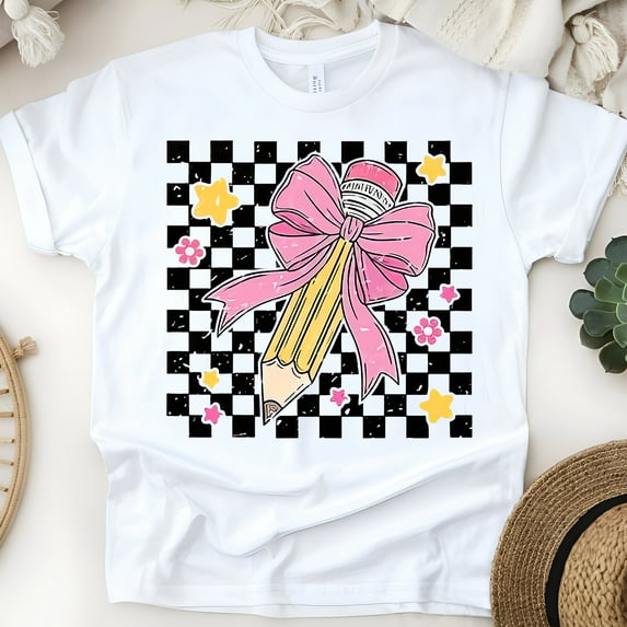 Cute Pink Pencil Graphic Tee – Retro Checkered Teacher Shirt, White, Size 2XL