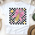 thumbnail image 1 of Cute Pink Pencil Graphic Tee – Retro Checkered Teacher Shirt, White, Size S, 1 of 6
