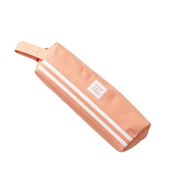Pink Pencil Case Canvas Pencil Pouch with Carrying Handle, Classic Stripe Pen Bag for Office Desk Organization, Holds 25 Pens