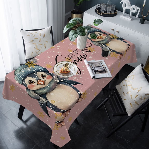 Pink Penguins Christmas Tablecloth Rectangle Table Cloths 54x108 , Waterproof Tablecloth Outdoor Table Cloth, Xmas Winter Snowflake Let Snow Washable Table Cover for Kitchen Dining Party