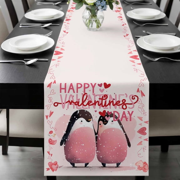 Pink Penguins Valentines Table Runner 36 Inches Long, Red Love Heart Kitchen Coffee Dining Table Decoration for Home Party Birthday Wedding Home Decor 13x36 Inches