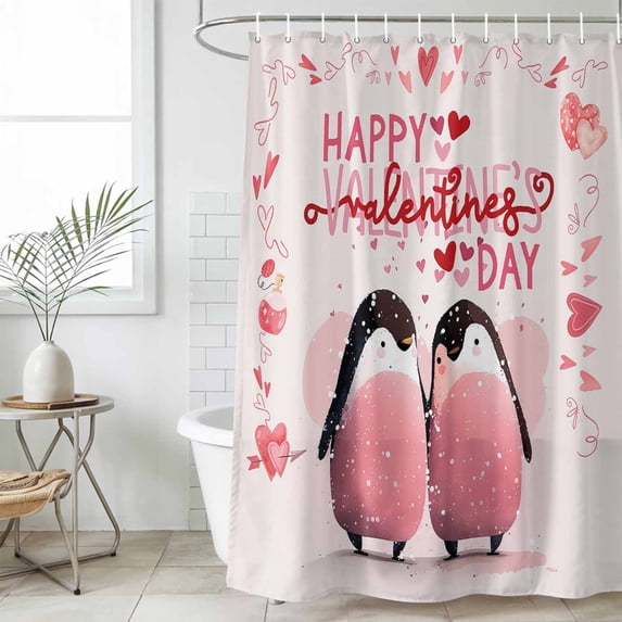 Pink Penguins Valentines Waterproof Fabric Shower Curtain, Red Love Heart Waterproof Fabric Shower Curtain for Bathroom Curtains Bathtubs Hotel Washable Shower Curtains with 12 Hooks Extra Long 72x84