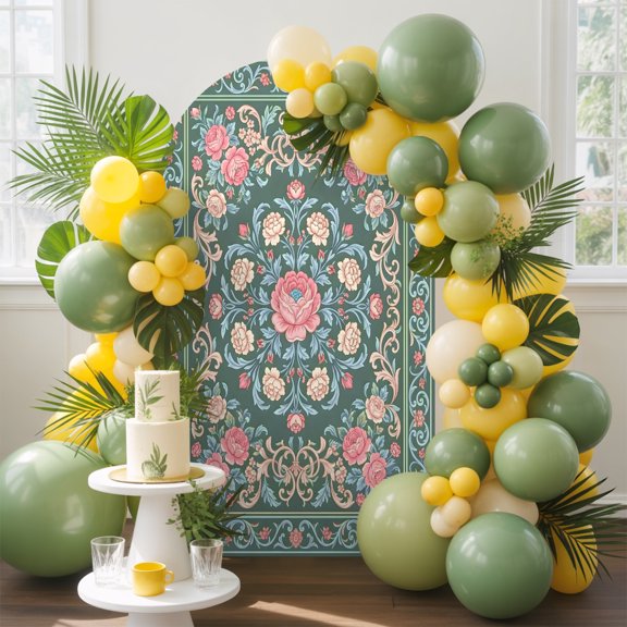 Pink Peonies Arch Backdrop Cover, 4FT, Garden Sage Green Field Leaf Wreaths Pastel Vines Spandex Arch Covers Double-Sided Backdrop for Wedding Birthday Party Photo Background Decoration