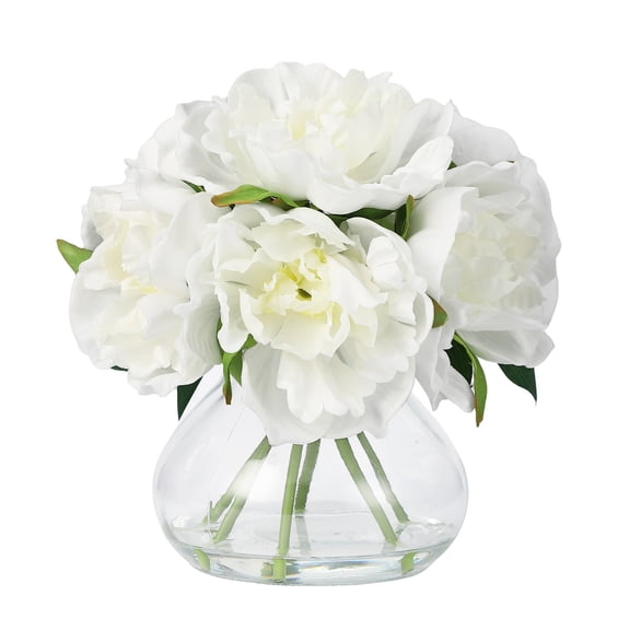 Pink Peonies Artificial Flowers with Glass Vase – Silk Faux Peony Arrangement with Faux Water, Elegant Fake Flowers for Table Centerpieces, Wedding & Home Decor
