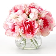 Pink Peonies Artificial Flowers in Vase, Silk Faux Peony Fake Flower Arrangements with Glass Vase and Faux Water for Home Decor Wedding Bouquets Table Centerpieces