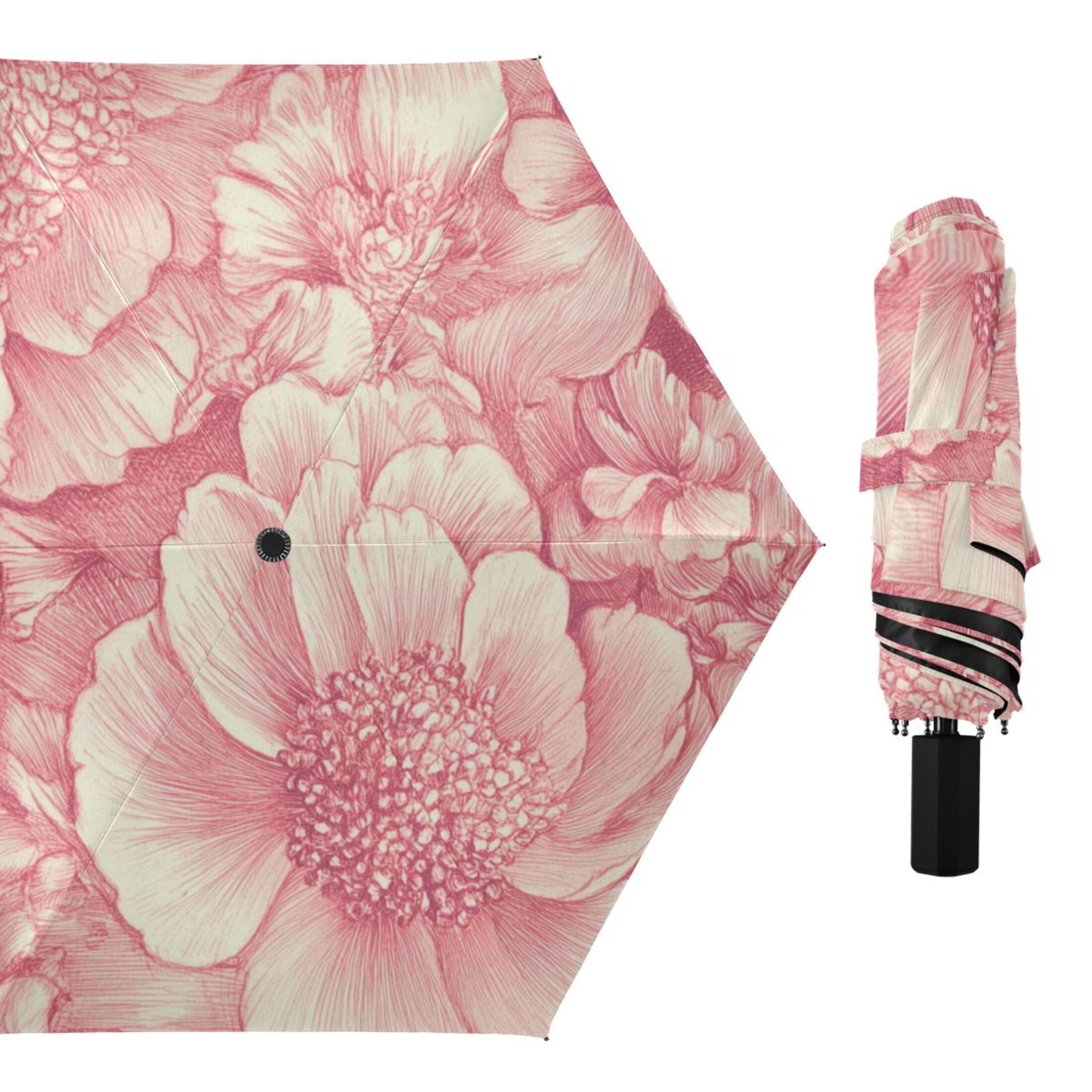 Pink Peonies Elegant All Weather Umbrella Triple Folding Parasol 6 Ribs UV Protection Portable