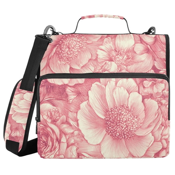 Pink Peonies Elegant Binder Bag with Shoulder Strap 3 Ring Zipper Binder File Folder Document Storage
