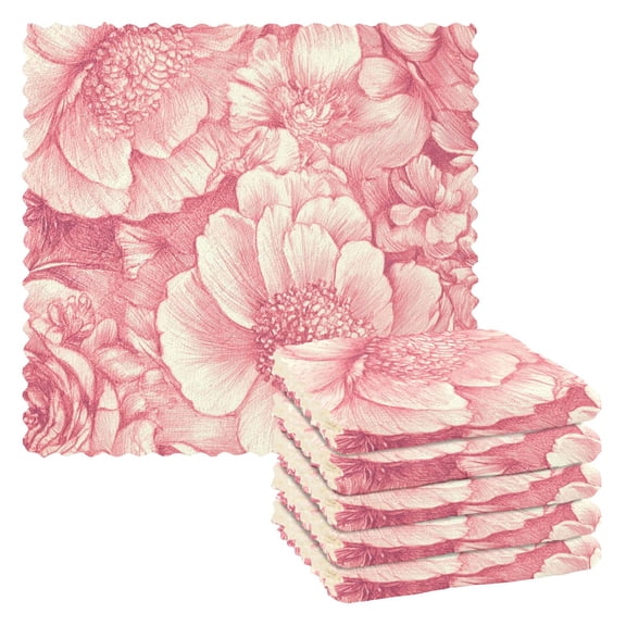 Pink Peonies Elegant Kitchen Cloth Dish Towels for Drying Washing Absorbent Dish Rags 6 Pack