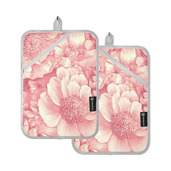 Pink Peonies Elegant Oven Mitts Pot Holders 2 pcs Heat Resistant for Kitchen Baking Grilling