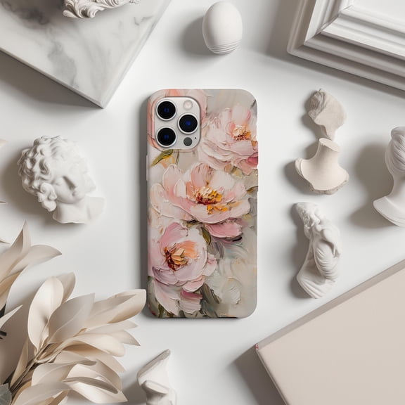 Pink Peonies Oil Paint Phone Case Botanical Flower Art Design Slim Cover Fits iPhone Samsung Galaxy Google Pixel