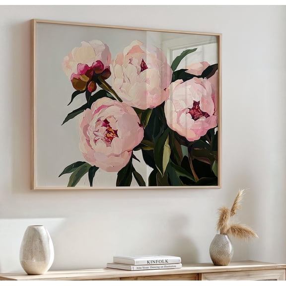 Pink Peonies Wall Art Horizontal Landscape Spring Floral, Unframed Canvas 8x10in