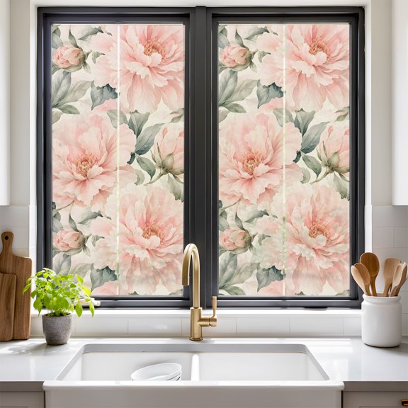 Pink Peonies Window Privacy Film Botanical Romantic Pink Floral Buds Dense Leaf Non Adhesive Window Cling Stickers Static Cling Glass Decals for Home Party Decoration 17.7 x 39.3 in
