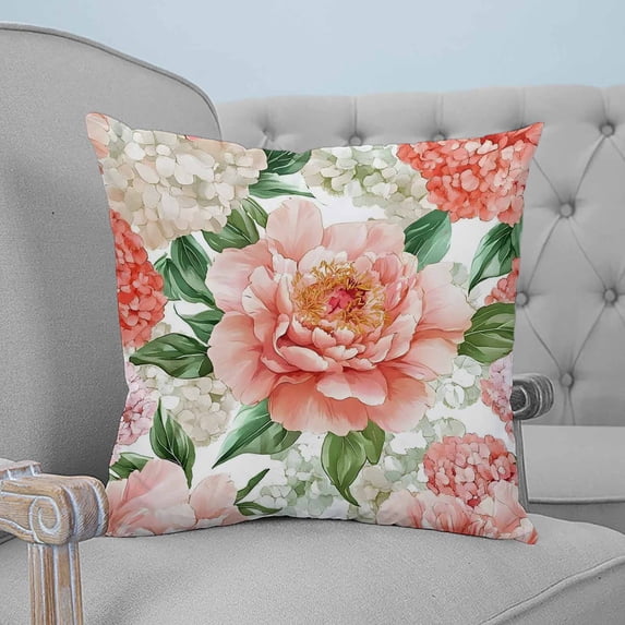 Pink Peony Blossom Decorative Pillowcase 20''x20'', Spring Botanical Floral Watercolor Throw Pillow Covers Soft Cushion Case for Couch Sofa Bedroom Living Room, Pillowcase Boho Decor