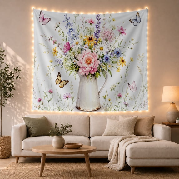 Pink Peony Bouquet on White Background Romantic Illustration for Floral Art Lovers Rustic Home Decor Long-Tail Phrase Birthday Gift Tapestry Wall Hanging for Bedroom and Living Room