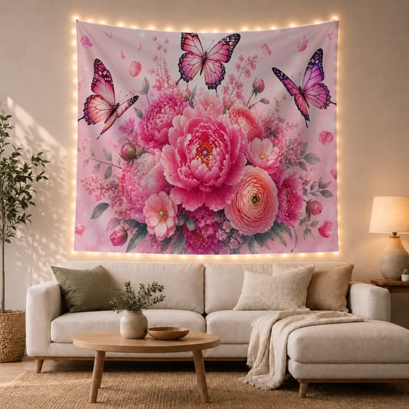 Pink Peony Bouquet and Butterflies Tapestry Wall Hanging