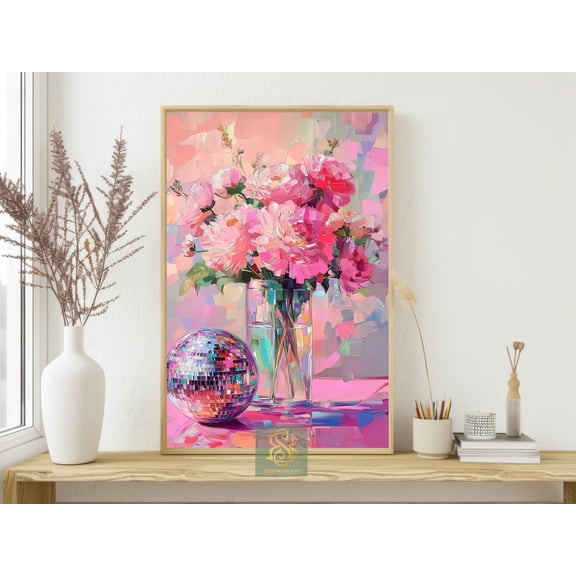 Pink Peony Disco Ball Poster Fun Glam Floral Art , Poster Print Only