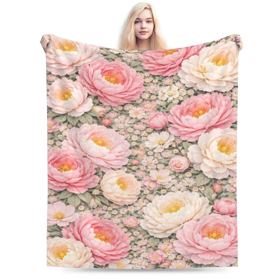 Pink Peony Floral Pattern Throw Blanket, Soft Decorative Blanket for Sofa Bed Home Décor 50x40
