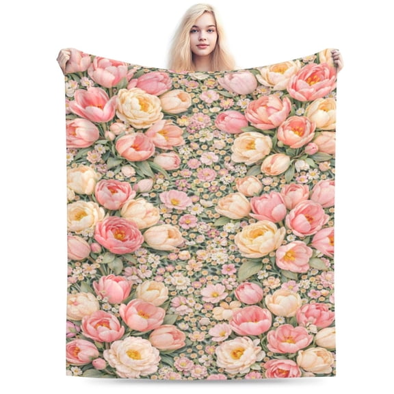Pink Peony Floral Pattern Throw Blanket, Soft Decorative Blanket for Sofa Couch Bed Home Décor 50x40