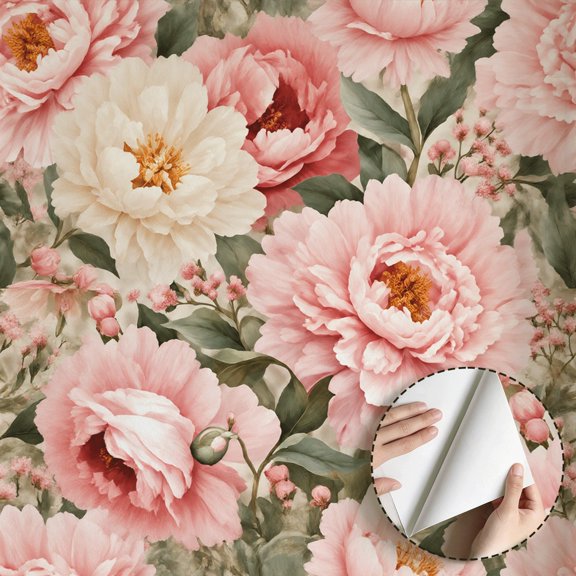 Pink Peony Floral Wallpaper Vintage Farmhouse Boho Peel and Stick Wallpaper Contact Paper Waterproof Home Decor for Bedroom Living Room Bathroom Kitchen Cabinet Drawer Property 17.7 * 78.5 in