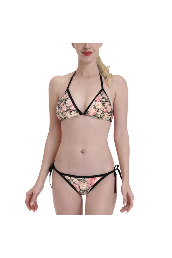 Pink Peony Floral Women's Bikini Set Two Piece Swimsuit Triangle Bathing Suit Adjustable Beach Swimwear