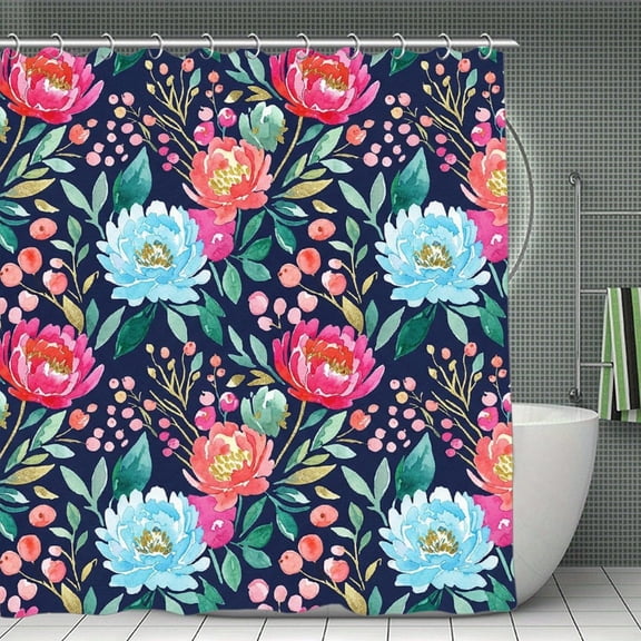 Pink Peony Floral with Green Leaf Print Shower Curtain,Modern Fabric Waterproof Shower Curtain Set with Hooks 70.8×70.8Inch (180×180cm)