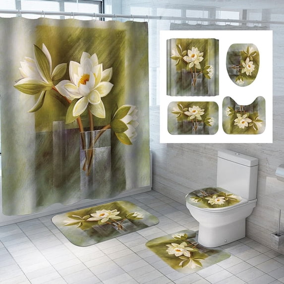 Pink Peony Flower Shower Curtain Sets Green Leaves Rugs Toilet Lid Cover Bath Mats Bathroom Succulent Cactus Floral Bath Curtain