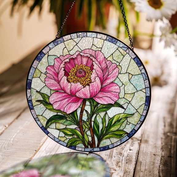 Pink Peony Flower Stained Glass Style Suncatcher, Elegant Window Hanging Birthday Gift for Mom or Friend