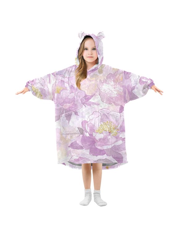 Pink Peony Flowers with Yellow Pistil Flannel Wearable Blankets Hooded Design Long Sleeves Wrap Unisex for 3T-14Y S