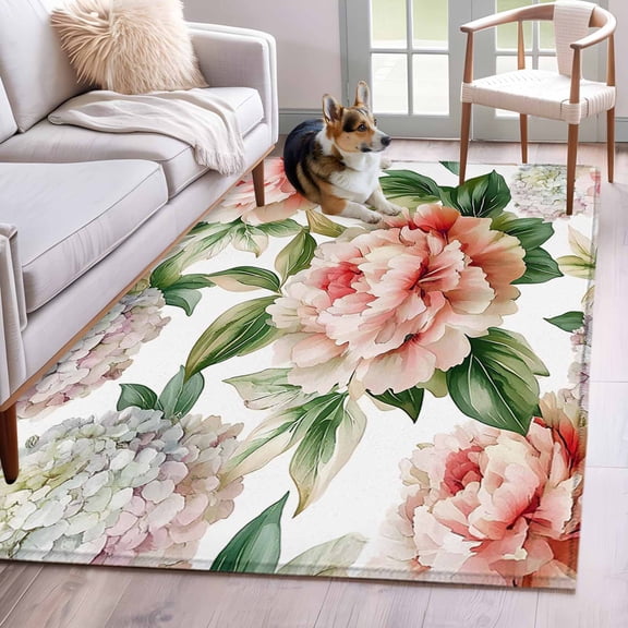 Pink Peony Hydrangea Area Rug 4x6 Washable Rug Non Slip Pastoral Spring Botanical Large Area Rug Indoor Floor Carpet for Entryway Bedroom Kitchen Living Room Home Office Dining Room Nursery