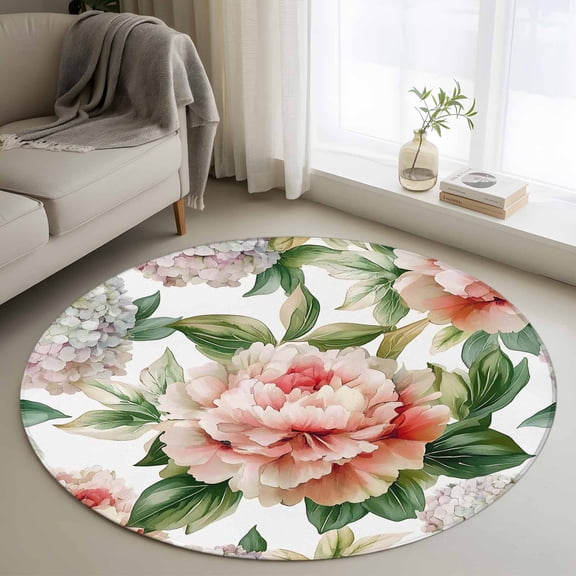 Pink Peony Hydrangea Round Rug 4ft Washable Circle Entryway Rugs Non Slip Pastoral Spring Botanical Area Rug Indoor Floor Carpet for Bedroom Kitchen Living Room Home Office Dining Room Nursery