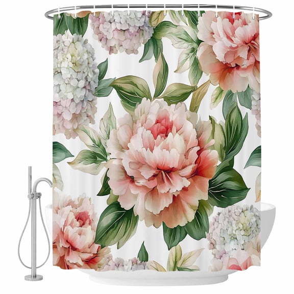 Pink Peony Hydrangea Shower Curtain Set - Small 36" x 72" Washable Bathtub Curtain with 12 Hooks, Pastoral Spring Botanical Waterproof Fabric Stall Shower Curtains for Bathroom/Bathtub Décor