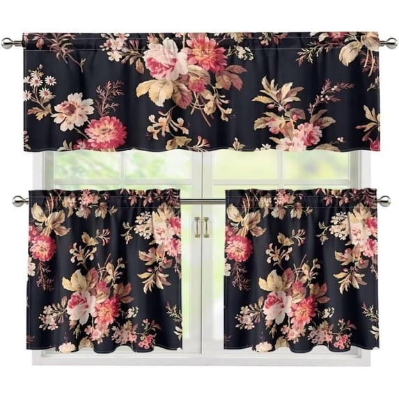 Pink Peony Kitchen Curtain Sets with Valance Floral Flowers Cafe Curtains Blackout 24 Inch Length Tier and Valance for Home Window Decorations,Rod Pocket