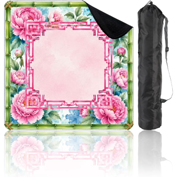 Pink Peony Mahjong Mat 31.5x31.5 – Floral Bamboo Frame Design Non-Slip Noise-Reduction Table Cover for Mahjong, Poker, Dominoes & Board Games, Watercolor Style w/Carry Bag