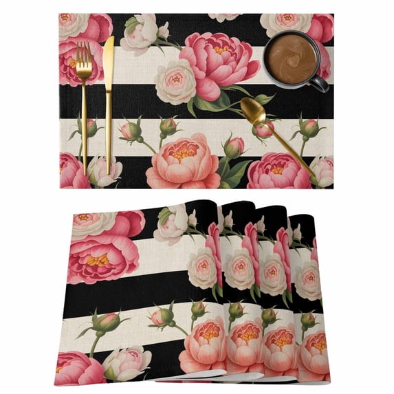 Pink Peony Placemats Set of 2, Flowers Black And White Stripes Linen Texture Non-Slip Place Mats Washable Table Mats for Kitchen Dining Table Decorations Indoor/Outdoor