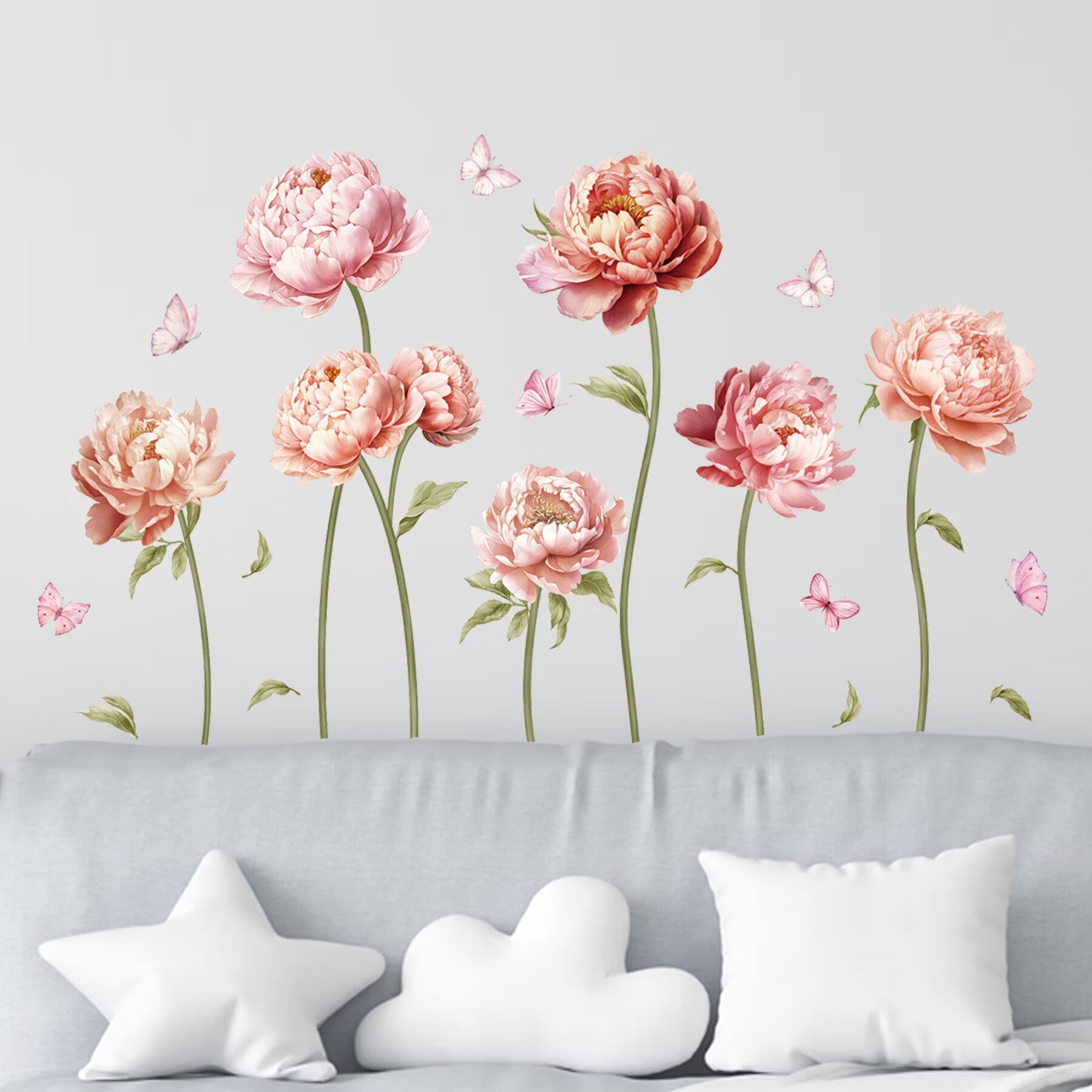 Pink Peony Rose Flower Wall Stickers Boho Floral Transparent sticker Peel and Stick Wall Art Decals for Girls Bedroom Living Room TV Wall Office Wall Decor glass decals