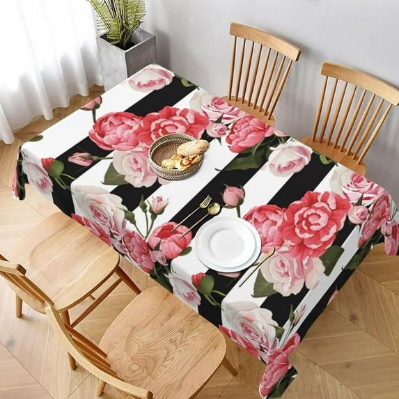 Pink Peony Rose Table Cloth - Vintage Peonies Flower Table Cover Black White Stripes Tablecloth Rectangle Tabletop Decoration for Picnic Banquet Party Kitchen Dining Room - 60 x 84 Inch