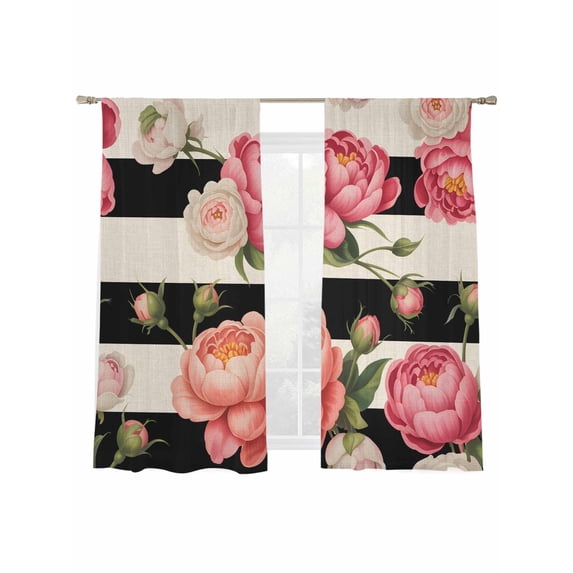 Pink Peony Sheer Curtains 72 Inch Long 2 Panels, Flowers Black And White Stripes Linen Texture Light Filtering Rod Pocket Semi Sheer Curtains, Sheer Voile Drapes for Living Room Bedroom, 52"x72"